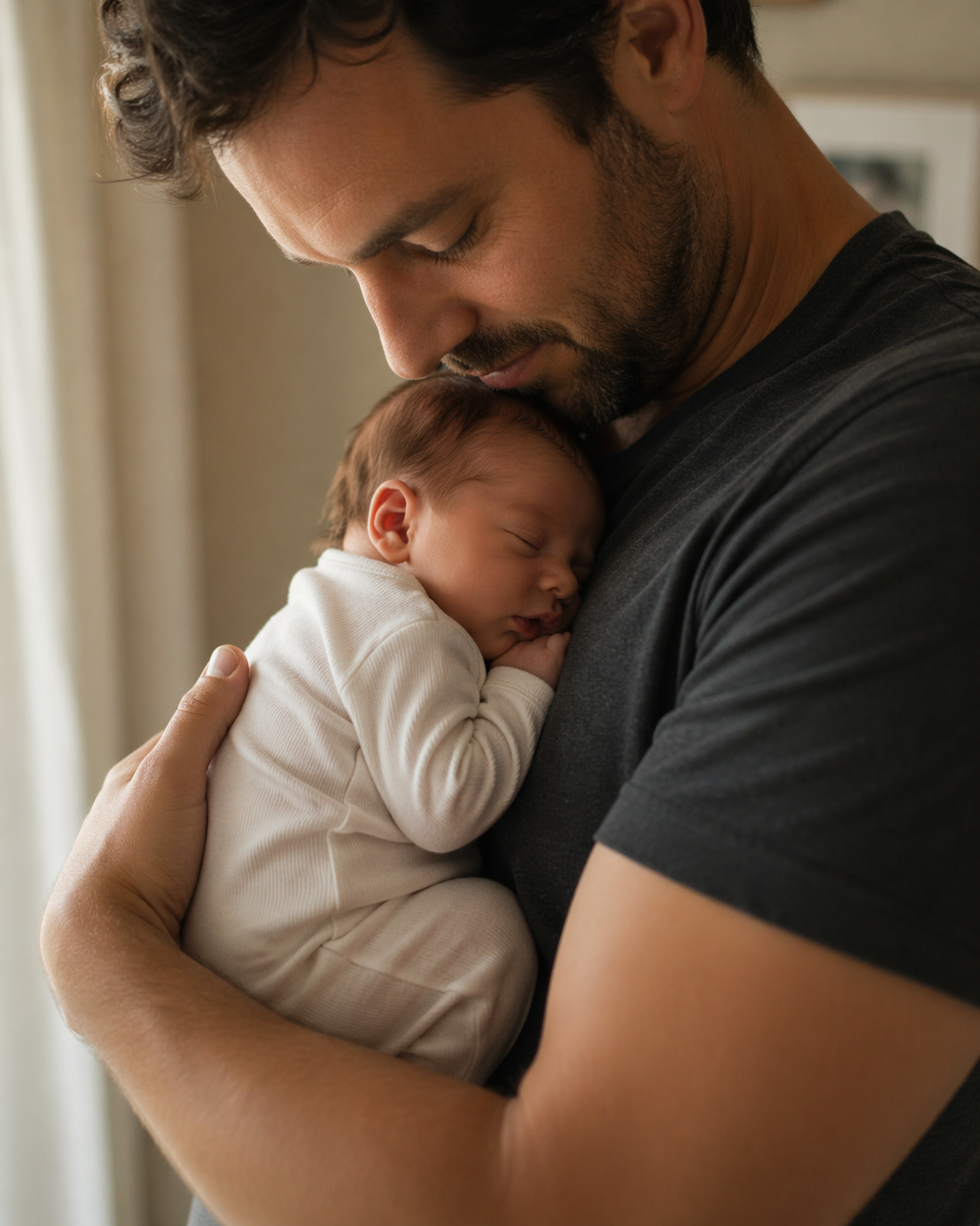Father tenderly holding his newborn to his chest