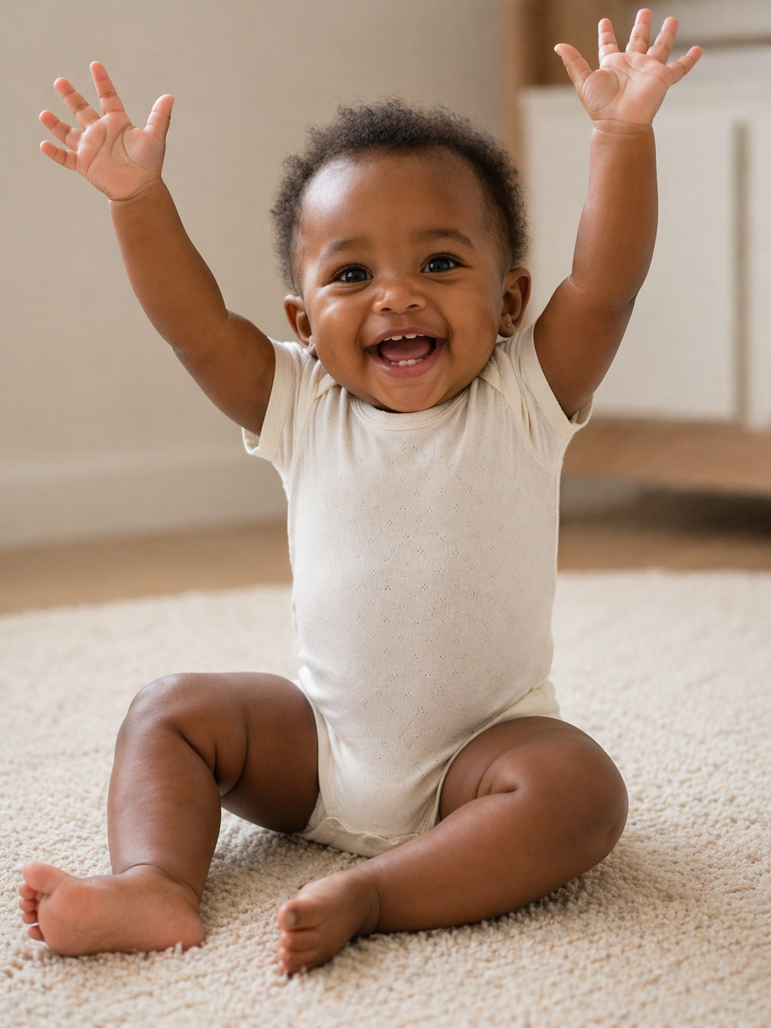 Joyful baby sitting up with arms raised in celebration