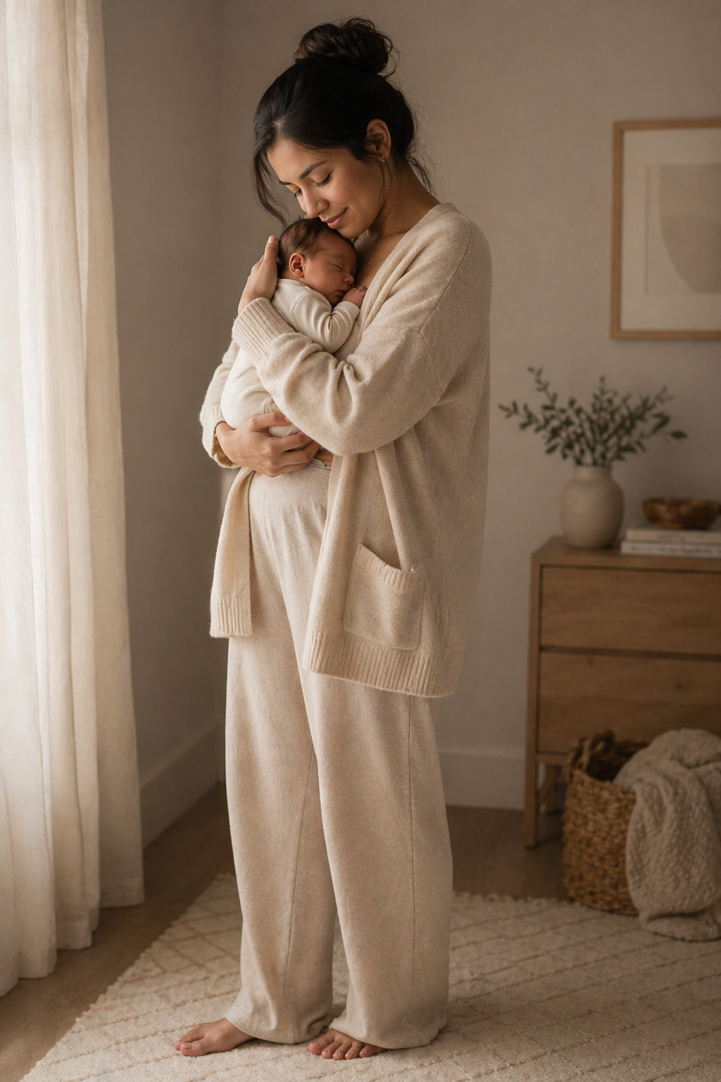 Mother holding a sleeping newborn close to her chest
