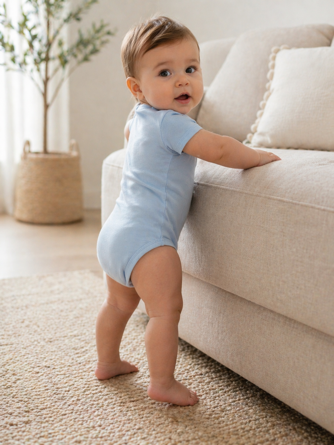 Baby in a light blue bodysuit standing proudly beside a couch